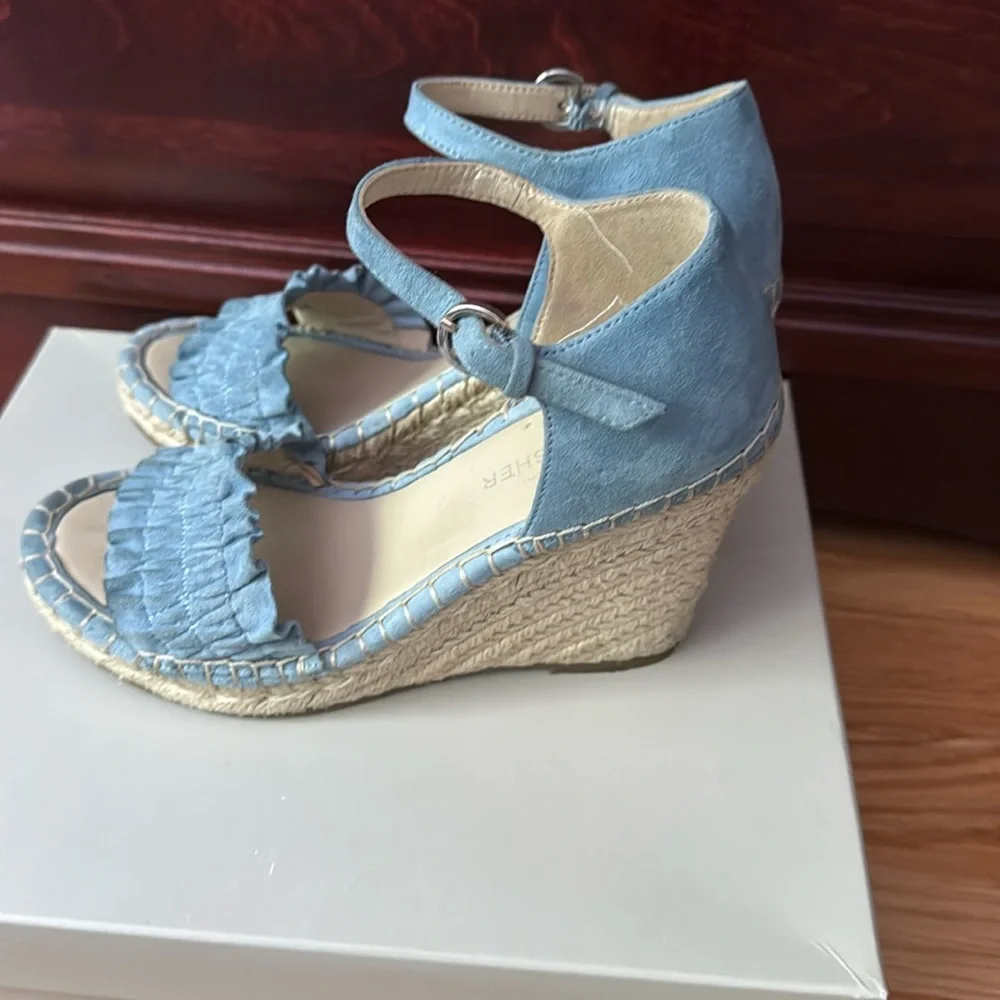 Marc Fisher KADRIA RUCHED Suede Blue Leather Espadrille Wedge Sandal US6.5